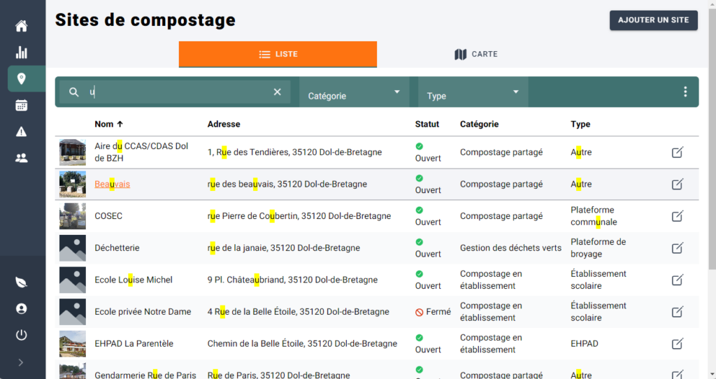 Illustration de la liste des sites du logiciel de suivi du compostage VériCompost