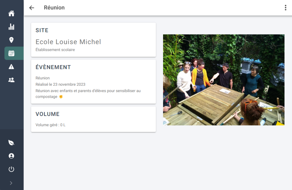 Exemple montrant un évènement complet avec image dans le logiciel de suivi du compostage VériCompost