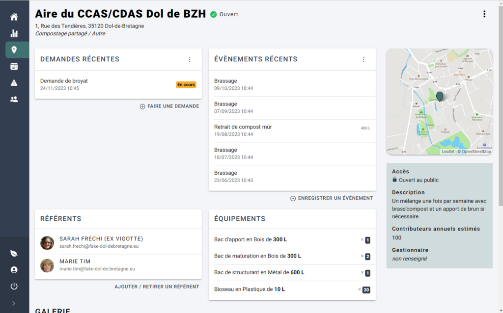 Exemple de vue d'un site dans l'application de traçabilité du compostage VériCompost