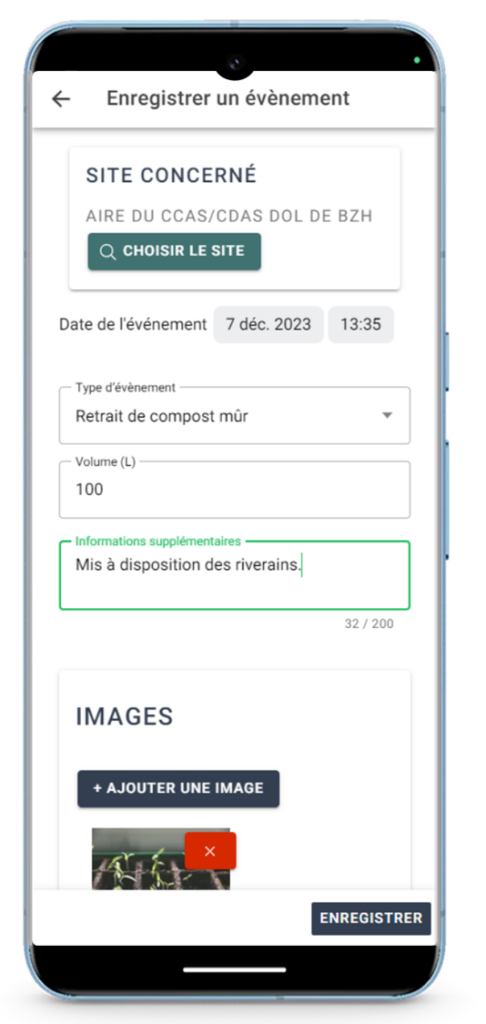 Exemple montrant comment un référent peut facilement enregistrer un événement dans le logiciel VériCompost