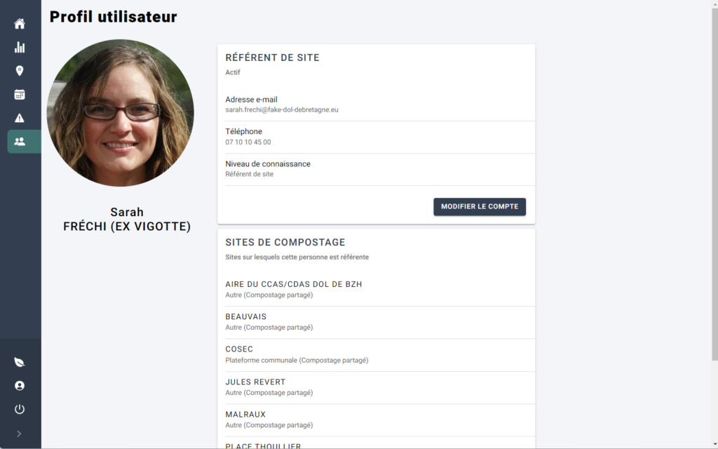 Exemple montrant le profil d'une personne et ses sites dans le logiciel de suivi du compostage VériCompost