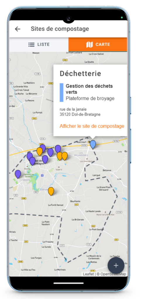 Exemple d'un téléphone portable utilisant une carte sur l'application de traçabilité du compostage VériCompost