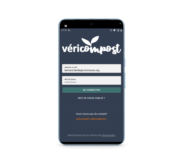 Un téléphone mobile montrant l'écran de connexion à l'application de suivi du compostage VériCompost